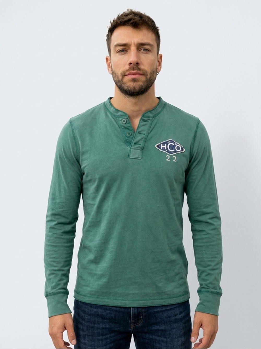 Men's Long-Sleeve Henley in off green with Chest Logo. Hollister